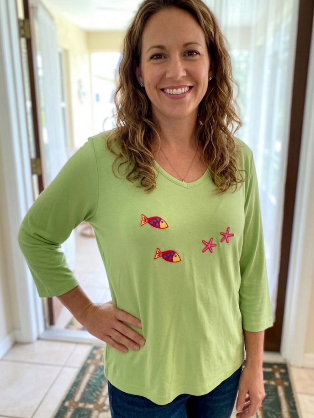 R&B Green Embroidered Starfish Long Sleeve Top NWT size Lg